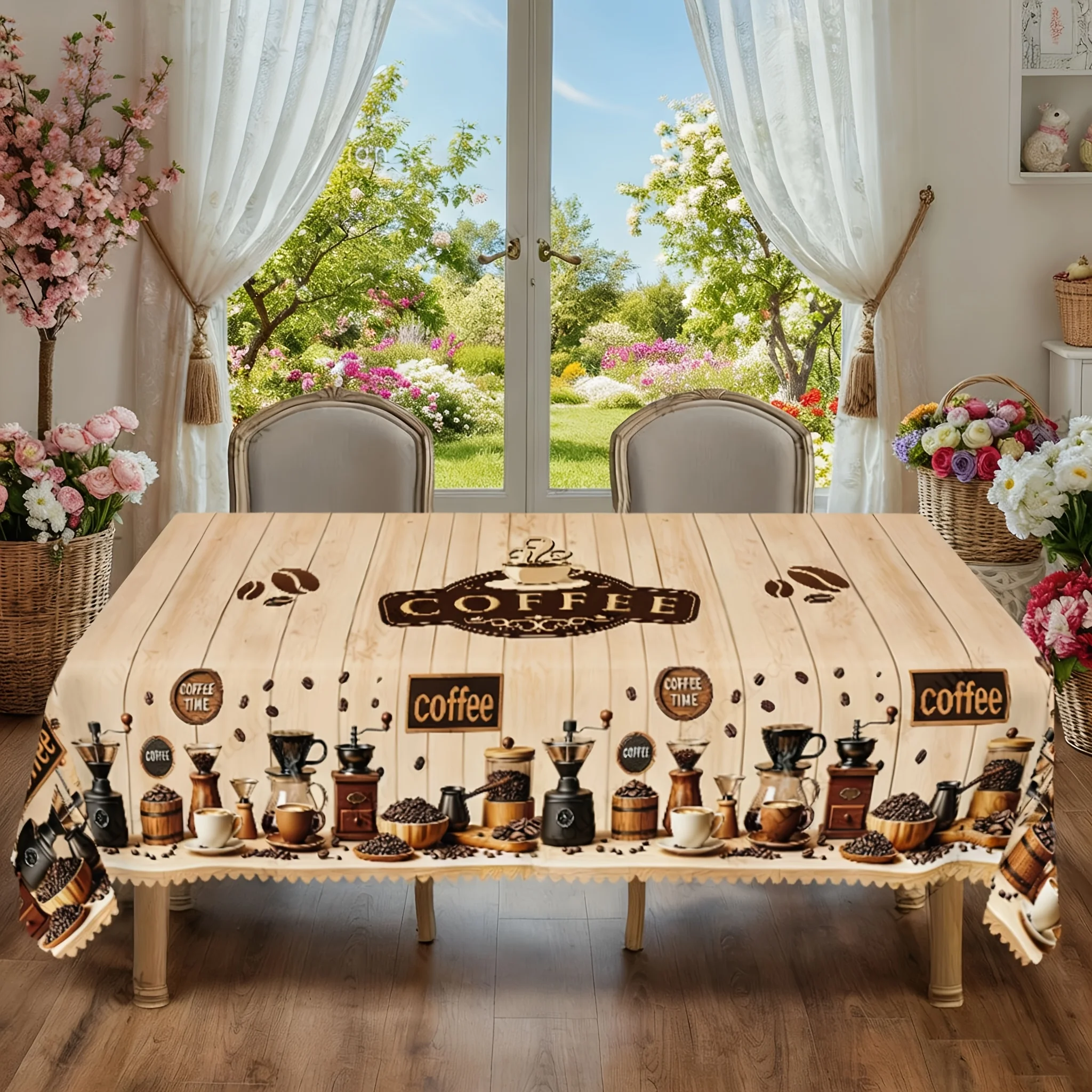 Coffee-themed tablecloth, retro coffee pot, coffee bean wood grain textured print design