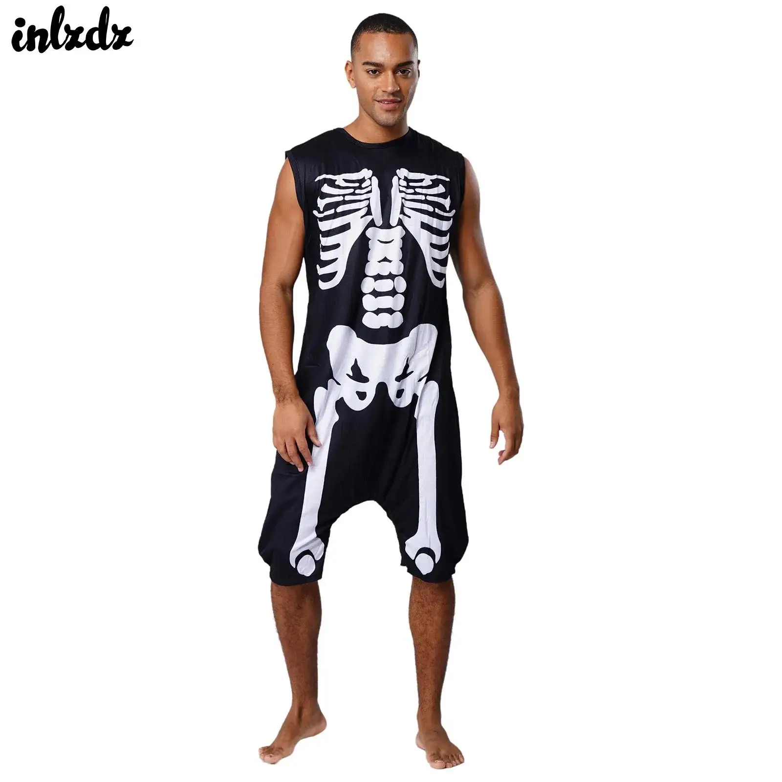 

Mens Casual Print Pajamas Rompers Sleeveless Zipper Crotch Pockets Sleep Bodysuit Jumpsuit Loose Loungewear Homewear Sleepwear