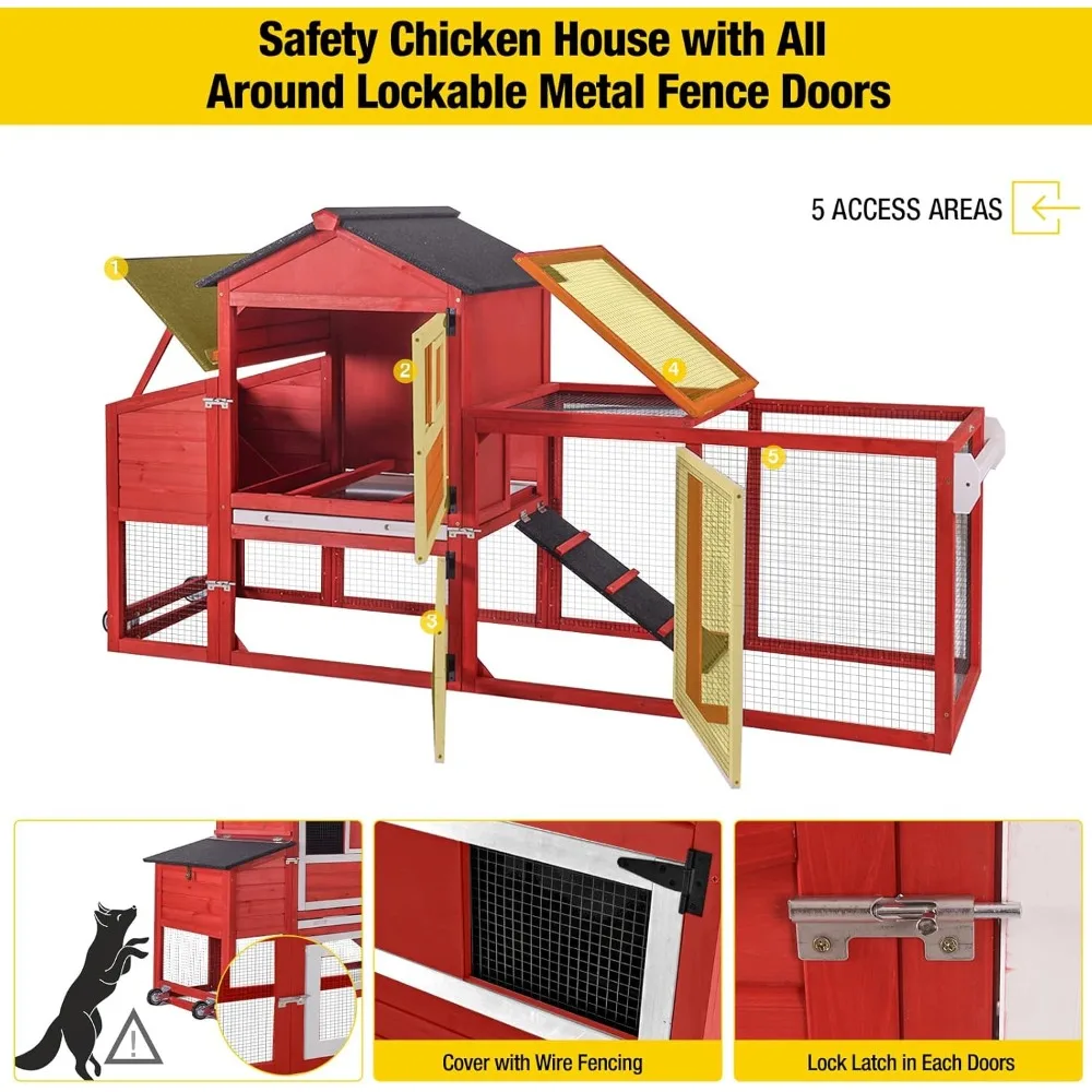 Chicken Coop Expandable Mobile Chicken House for Outdoor with Wheels, Nesting Box, Leakproof Pull-on Tray and UV-Resistant Roof