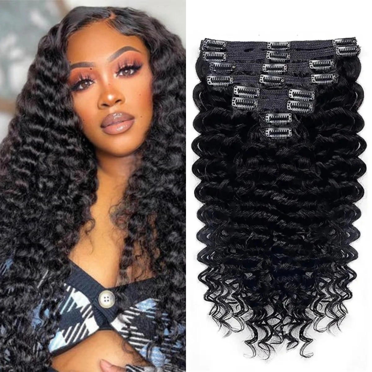 Extensiones de cabello humano rizado brasileño para mujer, Clips sin costuras de onda profunda, Clip de extensión de cabeza completa, cabello Remy, 120g por juego