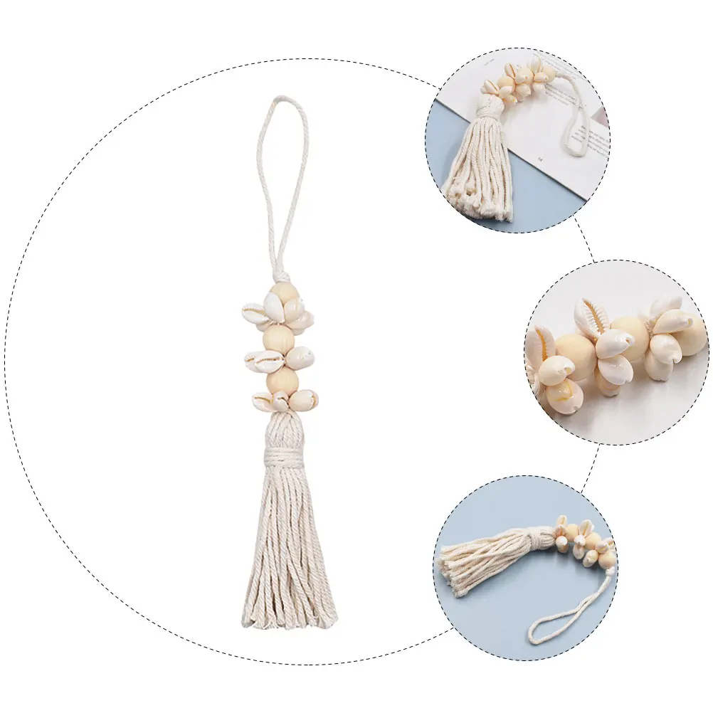 2Pcs Exquisite Boho Seashell Wood Bead String Pendant with Seashells Cotton Tassels Farmhouse Wall Hanging Decor Gifts
