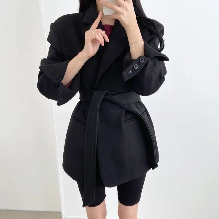 In Stock, Size Updated: Winter Retro Simple Blazer Collar Wool Coat Women's Waist-cinching Belted Slimming Overcoat Hot Sale