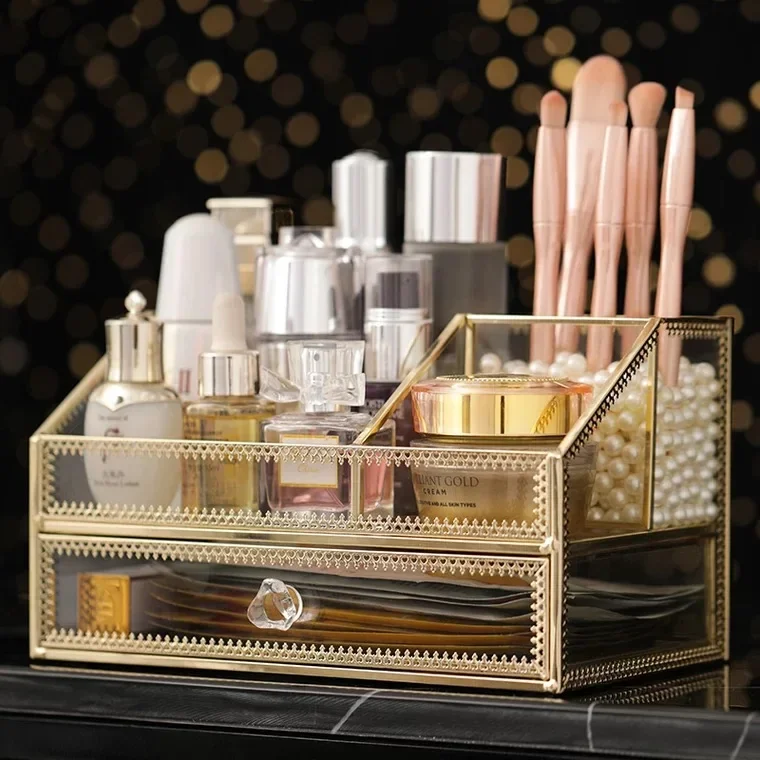 

Cotton Box Rack Make Perfume Tools For Jewelry Bathroom Up Makeup Glass Pads Cosmetic Golden Organizer Storage Display