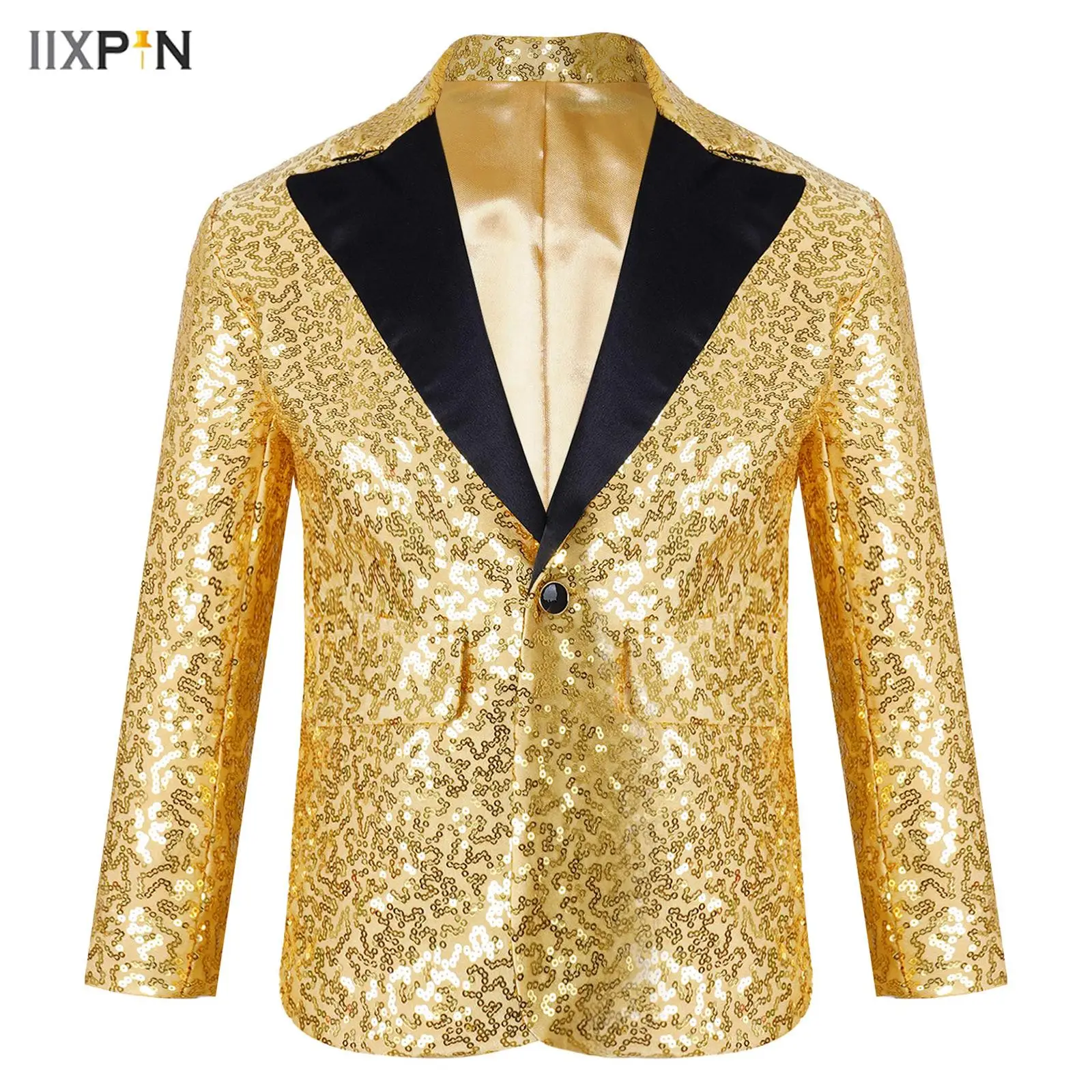 

Kids Boys Girls Shiny Sequin Jacket Coat Jazz Costumes Gentleman Lapel One Button Suit Blazer Tuxedo for Wedding Banquet Party