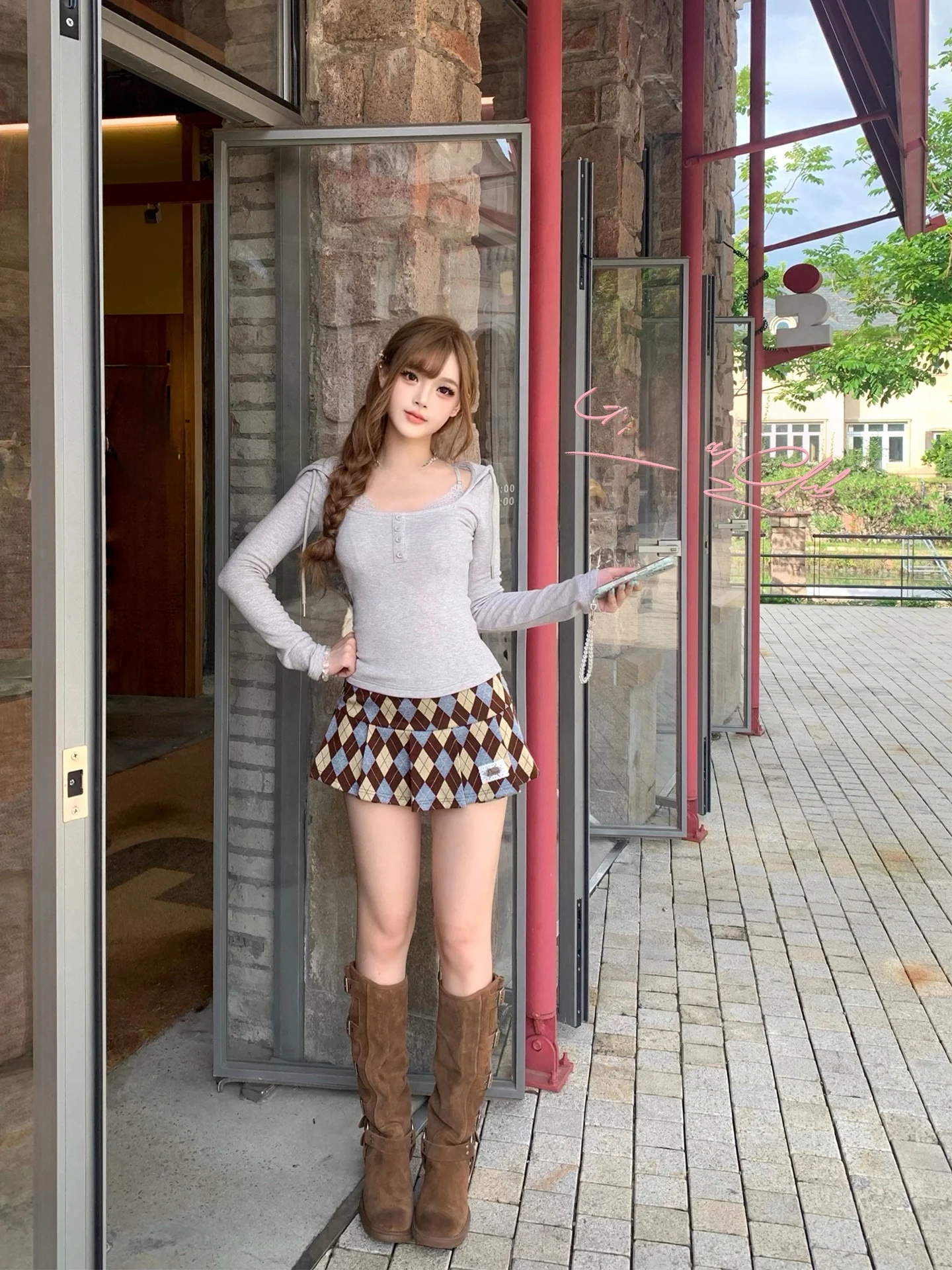 GirlyFancyClub Pure Series Vintage College Brown Plaid  Skirt A-Line Half-length Pants Skirt Soft Comfortable Knitted Wom...