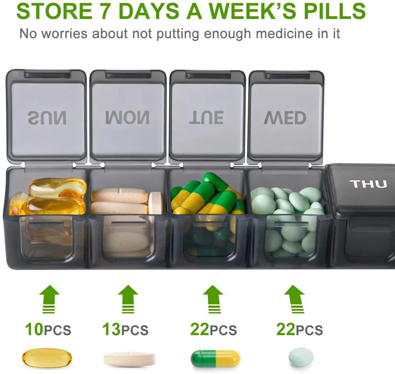 Portable Small Pill Box Cases Large Grids 7 Days A Week Organizer Pills Box for Tablets Vitamins Medicine Fish Oils Sub-packed