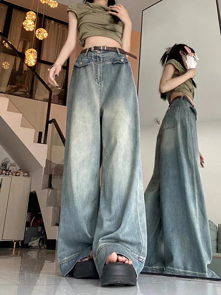 Primavera donna Vintage Y2k Jeans larghi vita alta pantaloni americani oversize Denim gamba larga Streetwear pantaloni di base dritti