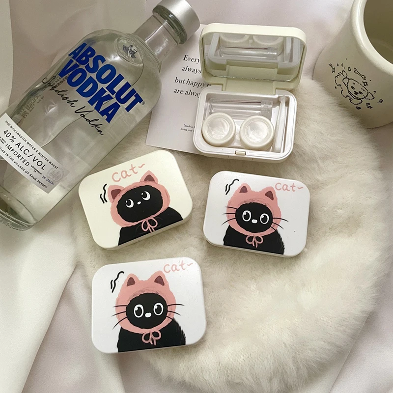 Cute Cat Printed Contact Lenses Box Portable Contact Lens Case With Mirror Tweezers Suction Stick Set For Travel Kit Holder Gift