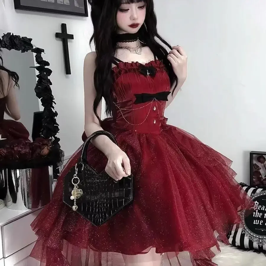 Dark Gothic Lolita JSK Mini Dress Set Women Romantic Starry Sky Shinning Princess Dress Fairy Sweet Bow Suspender Party Dresses