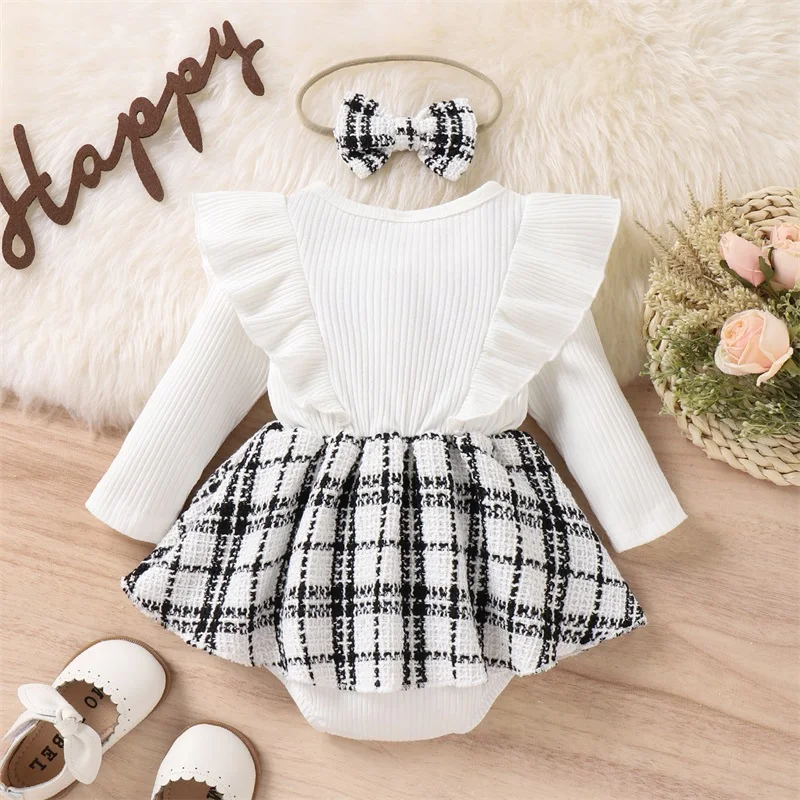 2022-10-12 Lioraitiin 0-24M Infant Baby Girls Bodysuit Dress Set Ruffle Long Sleeve Plaid Jumpsuits and Headband Newborn