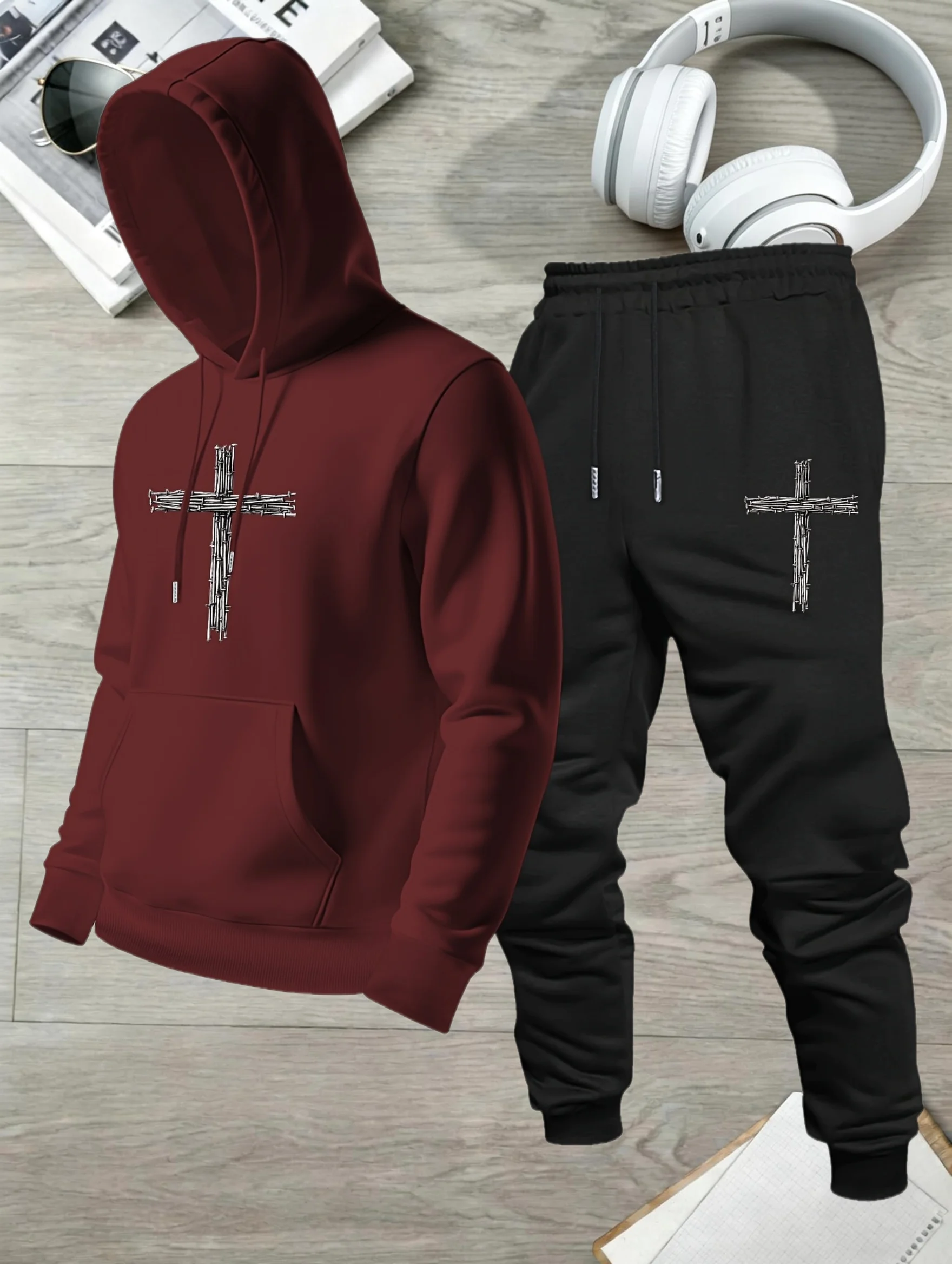 2026 Men Gothic Barbed Wire Cross Print Hoodie & Sweatpants Two Piece Set Oversized Streetwear Casual Tracksuit Sport Suit view 2