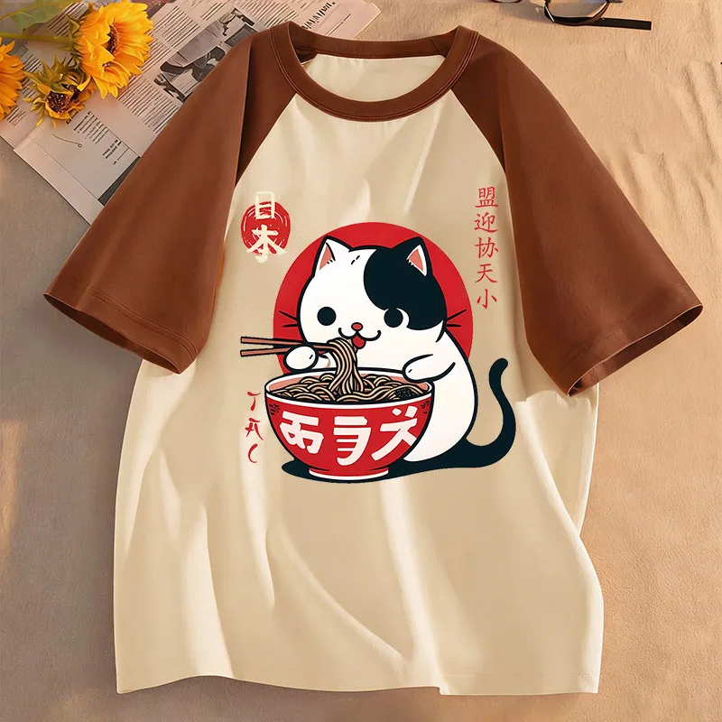 Camisetas con diseño de gato que come ramen, estilo japonés, camiseta informal de manga corta para niños y niñas, camiseta informal de verano y primavera
