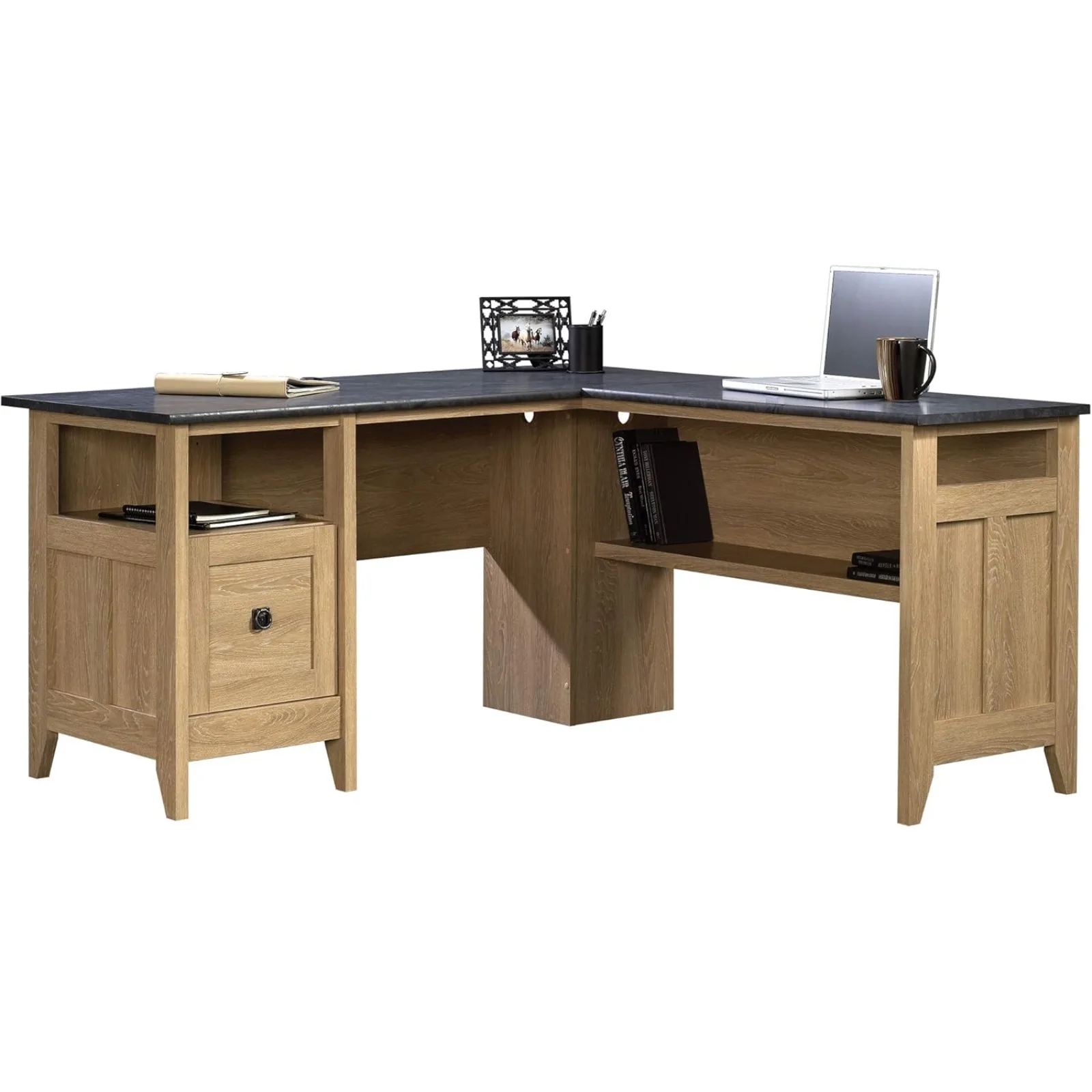 

US August Hill L-Shaped Desk, Dover Oak finish, L: 59.06" x W: 58.74" x H: 29.25"