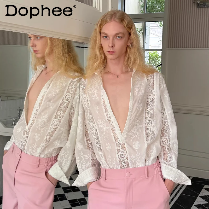 

Men's 2026 Spring Autumn New Fashion Hollow Out Embroidered Tops Lace Flower Personalized Shirts Deep V-Neck Long Sleeve Shirts