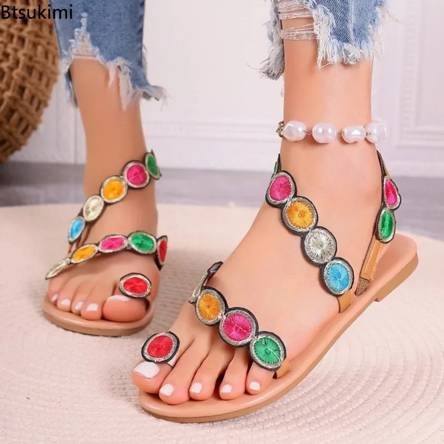 Sandal wanita, gaya Bohemian, musim panas, bordir, sandal pantai, sandal bawah datar, sepatu kasual luar ruangan