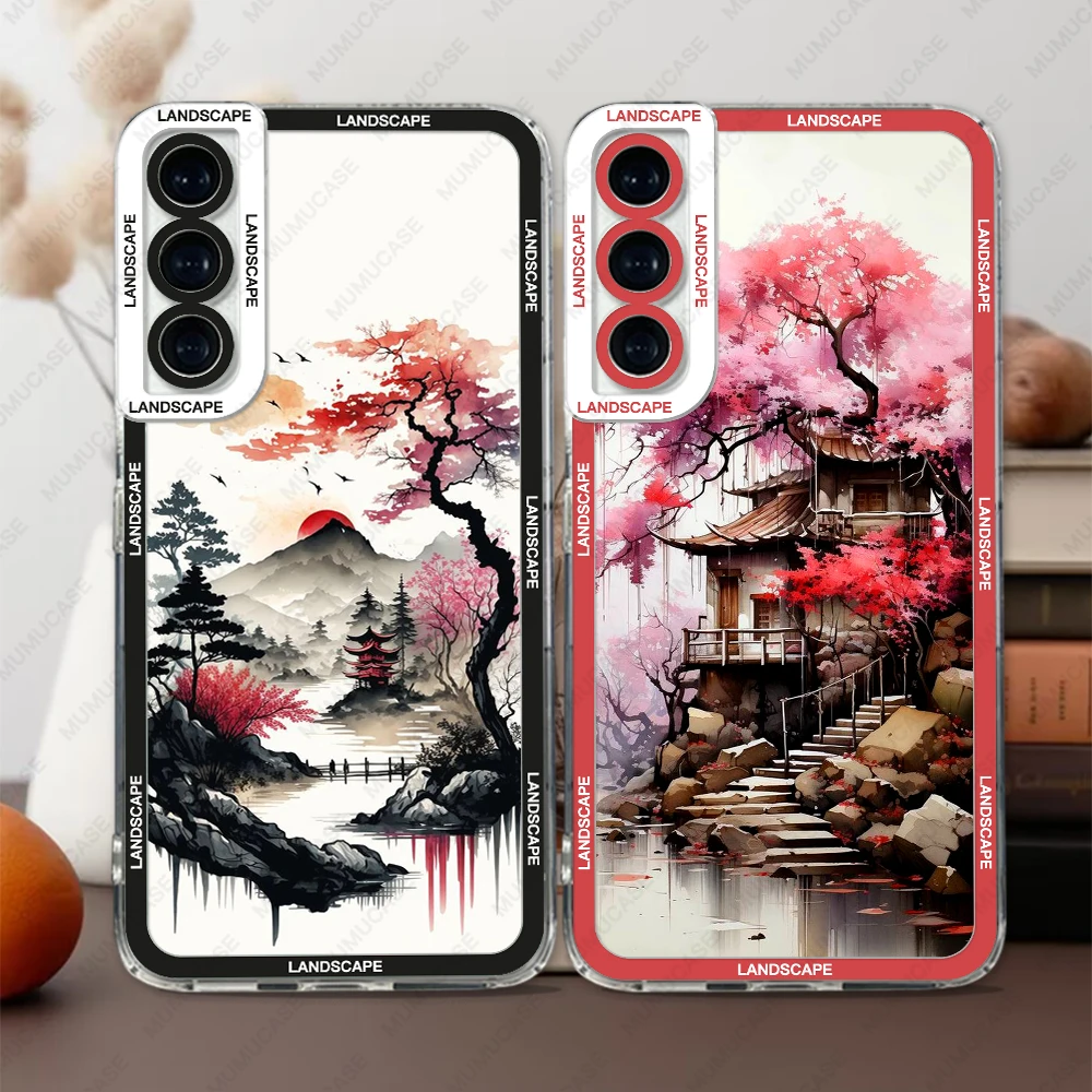 Case For Samsung Galaxy S20 S21 FE S22 S23 S24 Ultra  A32 A33 A50 A52 A53 A73 A54 A15 Soft Cover Ink and wash landscape painting