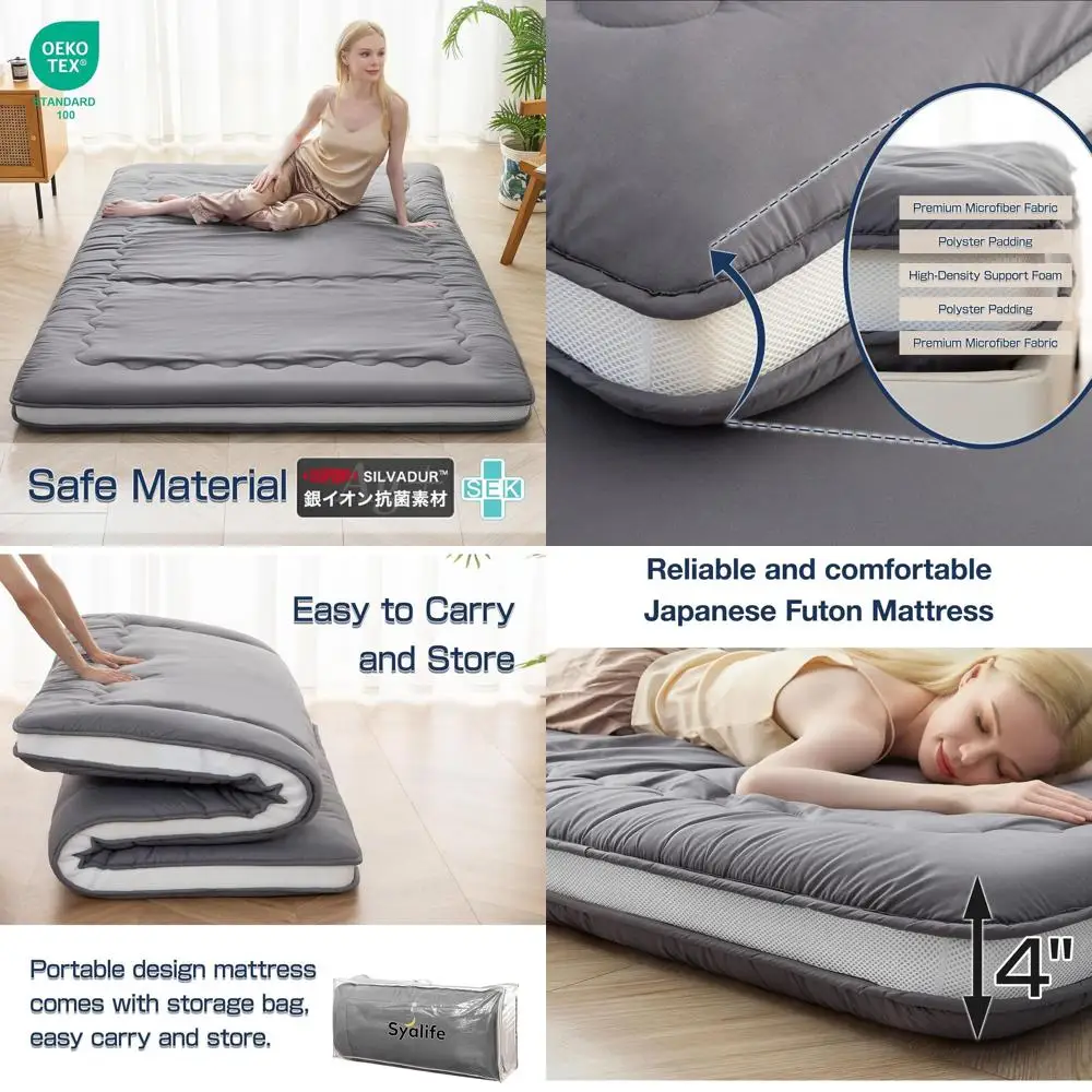 

Japanese Twin Size Futon Mattress, 4 Thick, Foldable & Portable, Traditional Shikibuton, Grey, 39x80