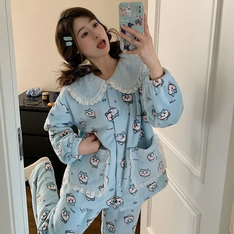 Kawaii Chiikawa المرأة بيجامة أنيمي الكرتون بيجامة مجموعات القطن طالب ملابس خاصة الحبيب لطيف فتاة مريحة ملابس المنزل الدافئة