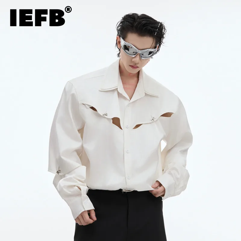 IEFB Niche Hollow Out Deconstruction Shoulder Pads Shirts Detachable Loose Long Sleeve Trend 2024 Solid Color Male Tops 24E2106