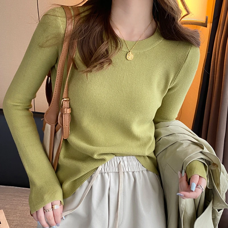 Sweater for Women Clothing Females Elegantes Blusas Mujer O-neck Solid White Long Sleeves Tops Office Lady Pullover Dropshipping