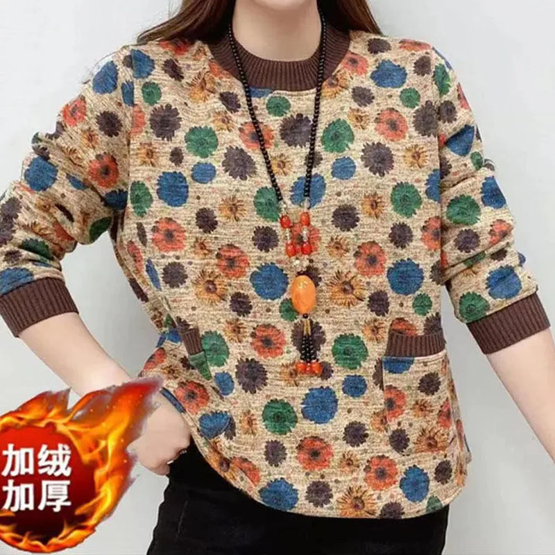 Vintage Fashion Thick Printed Round Neck Tops Female Korean Long Sleeve Pockets Pullovers T-shirt Women\'s Clothing Autumn Winter