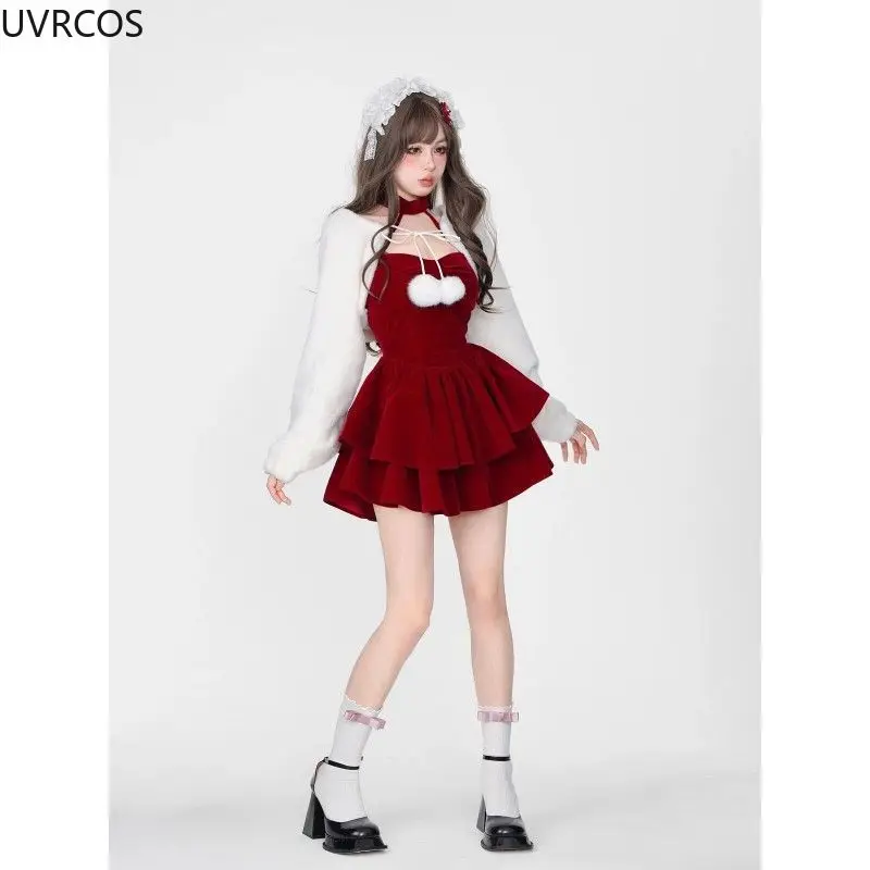 Ensemble deux pièces Kawaii Sweet Lolita pour femmes, haut châle blanc de Style coréen, Mini robe de soirée mignonne, costume de noël rouge japonais Y2k, 2024