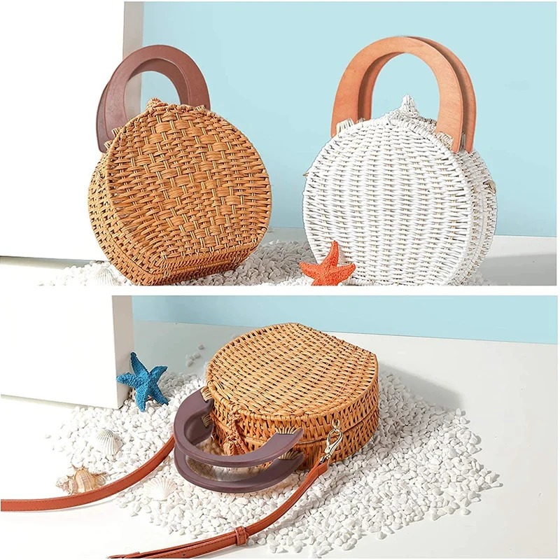 Paquete de asas de madera en forma de U, repuesto de bolsos de ganchillo de 3 colores, hecho a mano asas para bolso de playa, bolso de paja, 6 paquetes