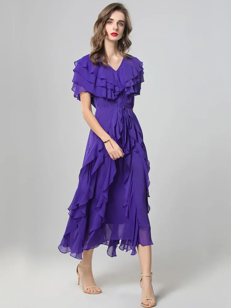 JUNLINNA  Fashion Summer Women Runway Dress V Neck Butterfly Sleeve Ruffles Party Holiday Vestidos Slims