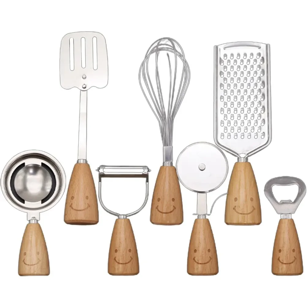 7Pcs Cute Smiling Kitchen Tool Set, Wooden Handle Scraper, Egg Beater, Peeler, Can Opener, Scraper, Shovel