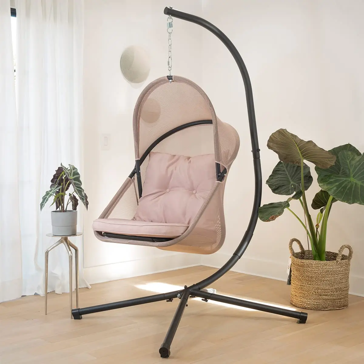 #Hanging Egg Chair Cushion w/Canopy Indoor/Outdoor Basket Lounge Seat Collapsible, Beige, Customized