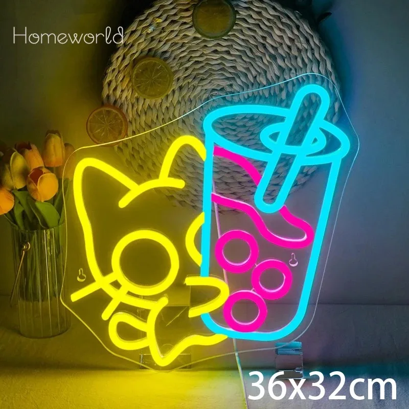 

Cat Bubble Tea Neon Sign Boba Tea Neon Light LED For wall Decor Dimmable Neon Light For bedroom Coffee Dessert Stores Decor