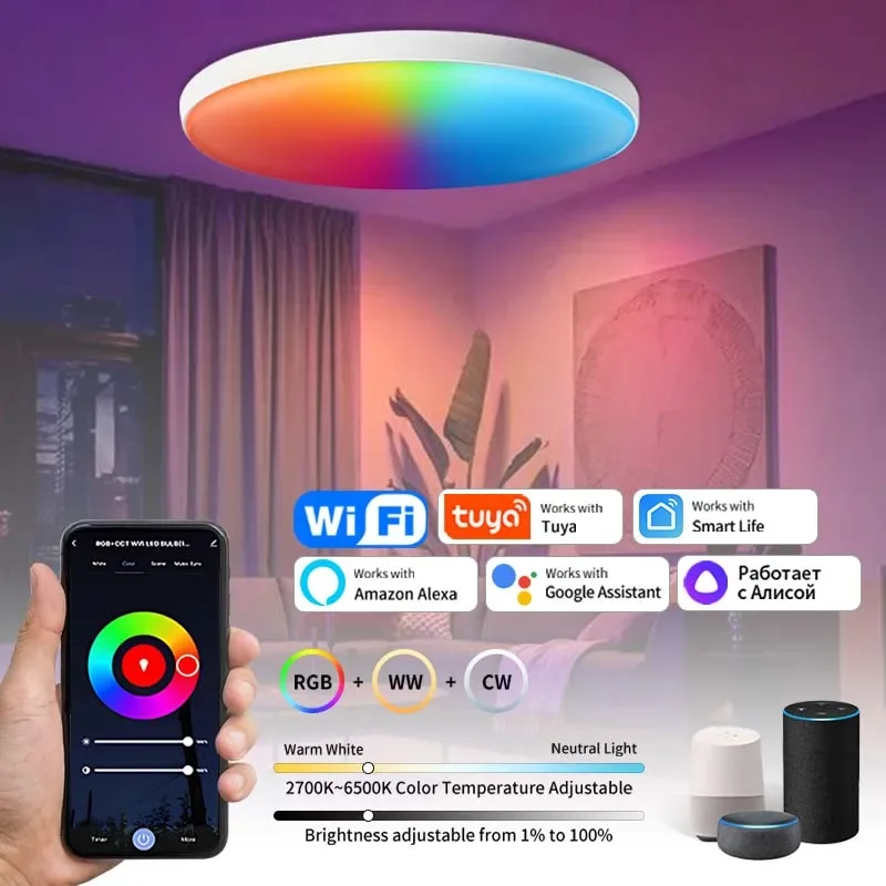 Tuya WiFi الذكية LED ضوء السقف 24 واط AC85-265V RGB مصباح محيط مستدير APP التحكم العمل مع أليكسا جوجل المنزل لغرفة النوم المنزل