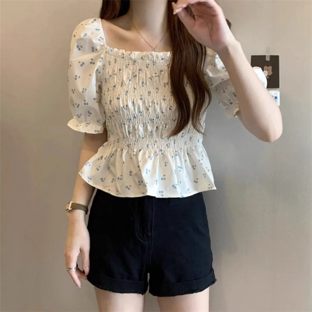 Summer French Floral Square Neck Short Sleeve Chiffon Crop Top