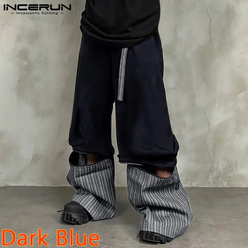 INCERUN 2024 Korean Style Trousers Men's Personality Color Blocked Wide Leg Zipper Design Long Pants Casual Male Pantalons S-5XL