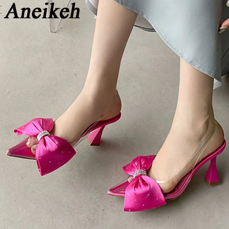 AneikehWomen\'s Crystal Silk Butterfly Knot Decorative Single Shoe 2024 Transparent PVC Pointed SlingbacksHigh HeelsWedding Dress