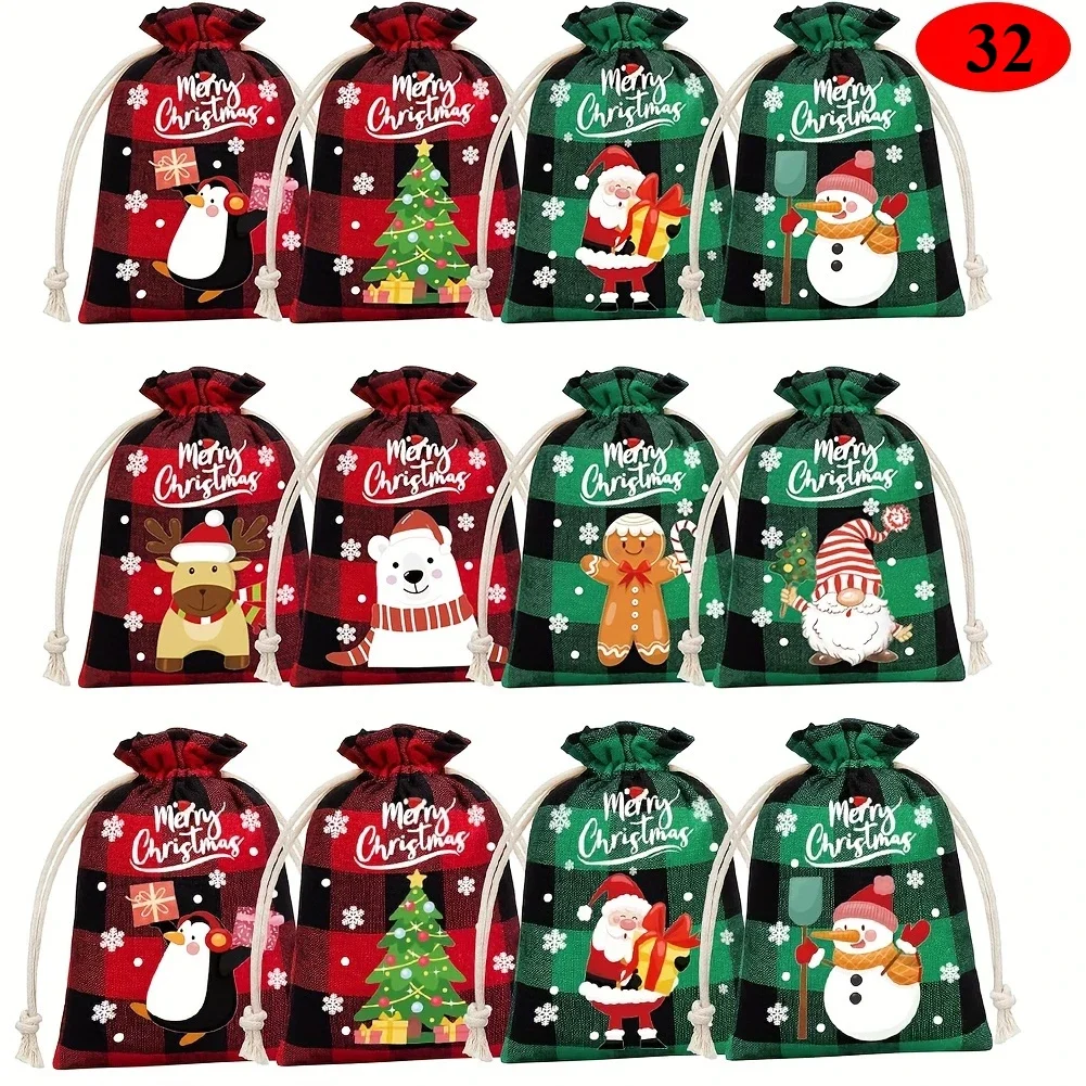 

32pcs Christmas Drawstring Gift Bags Linen Holiday Treat Sacks with Festive Prints for Party Favors Reusable Burlap Goody Bags