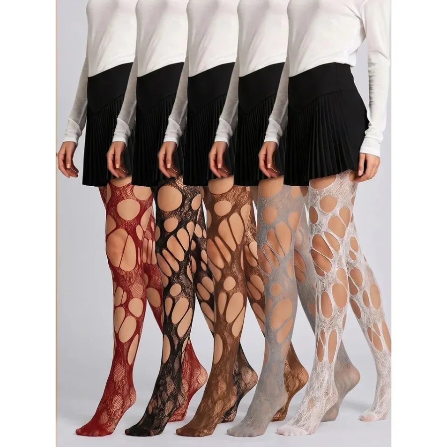 5 Pairs Pack Ripped Cut Out Fishnet Tights Women's Hollow Mesh Pantyhose Multi Color Set