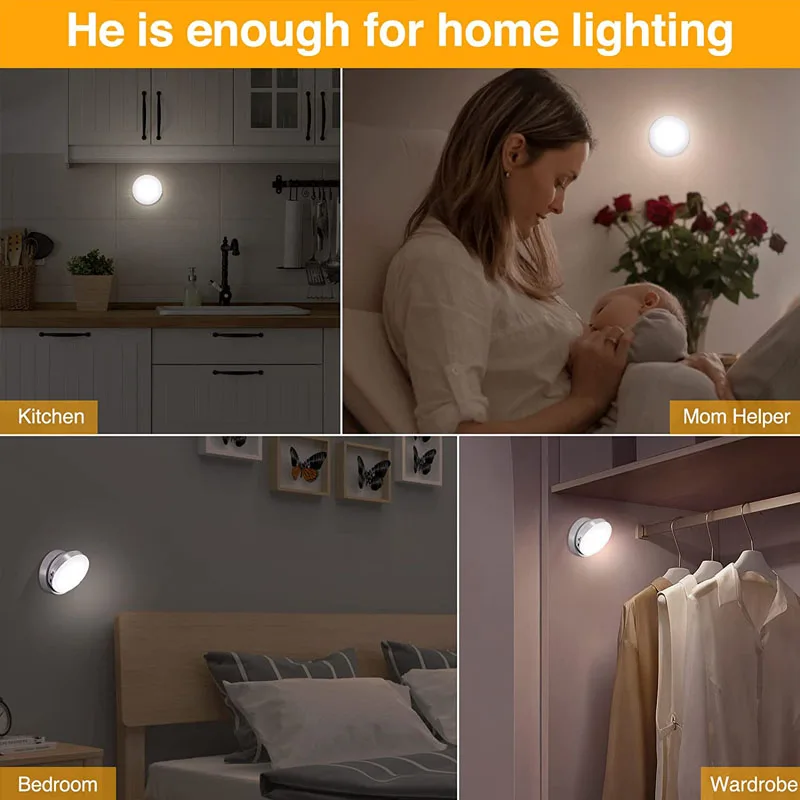 Wireless Round Motion LED Night Light USB Charging Cabinet Night Lamp Bedside Table For Bedroom Home Closet Sensor Lights