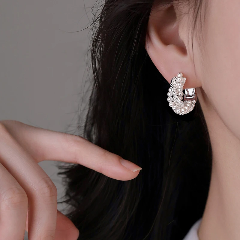 GANPUP Exquisite Perlen-Twist-Creolen für Damen, Modische Neue Silberfarbene Ohrschmuck-Schmuckgeschenke für Partys – Detail 3