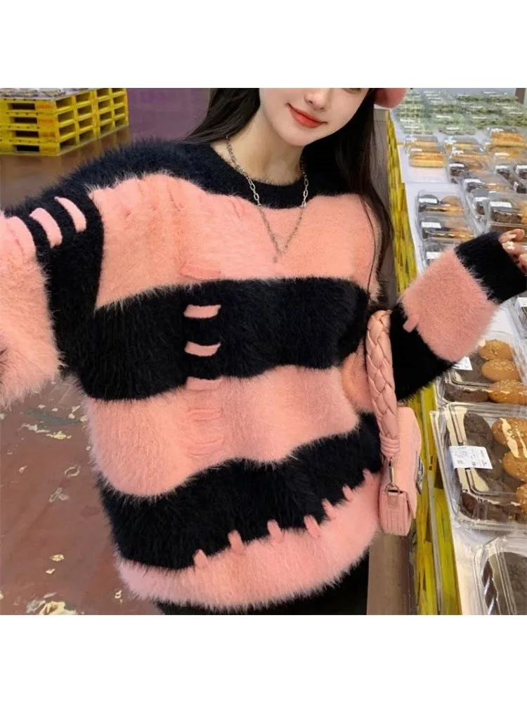 Mink-like Velvet Dress Female Autumn and Winter Gentle Loose Lazy Style Stripe Retro Blouse Female