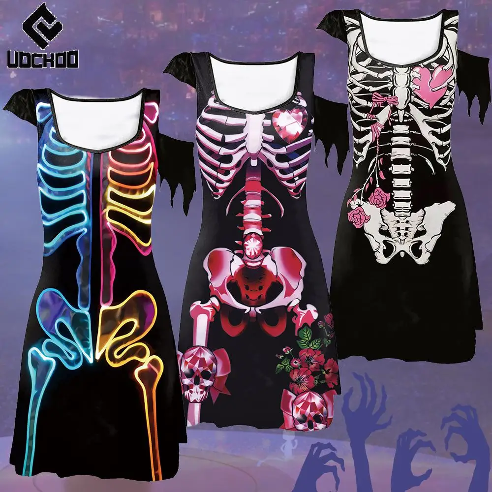 

Pink Skeleton Dress Halloween Ghost Cospaly Costume Women Mini Dress Day of The Dead Robe Skull Dress Carnival Party Outfit