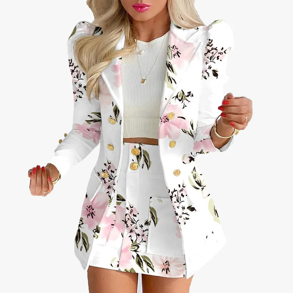 Zestawy dla kobiet 2 części 2024 Wiosna Plaid Print Notched Neck Long Sleeve Blazer & Elegant High Waist Mini Skirt Set Office Lady — zdjęcie 5