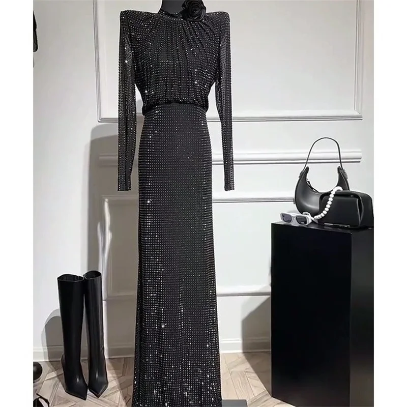 Luxury Beading Women's Formal Dress Spring Elegant Slim Party Long Maxi Dress Female Long Sleeve Bodycon Evening Vestidos J038