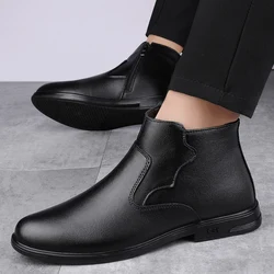Winter Plush Business High Top Leather Boots English Style Chelsea Mens Boots Round Toe Short Boots Genuine Leather Casual Shoes