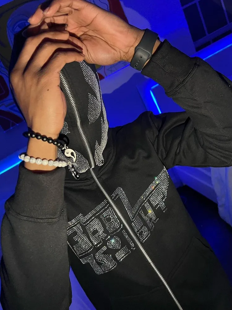 Y2K American Devil Graphic Zip Hooded Sweatshirt Retro Silver Text Print Black Loose Cardigan