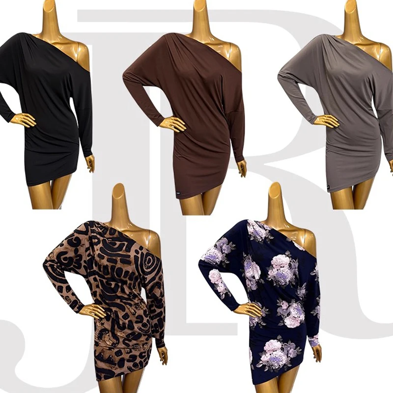 Trajes de dança latina ombro inclinado solto impressão para mulheres topos chacha tango samba dança prática treinamento uso diário dql12051