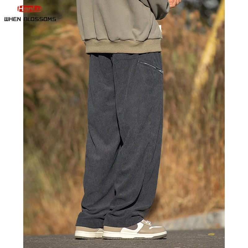 HANLU Retro Textured Corduroy Straight Leg Casual Pants For Men Autumn Winter With Side Zipper Design Trendy Brand Loose Pants