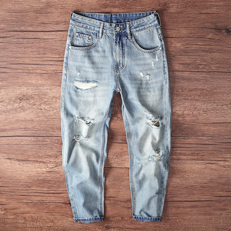 봄과 가을 트렌디한 남성 데님 팬츠, 빠진 구멍, 복고풍 향수, 스트리트 트렌디 데님 팬츠