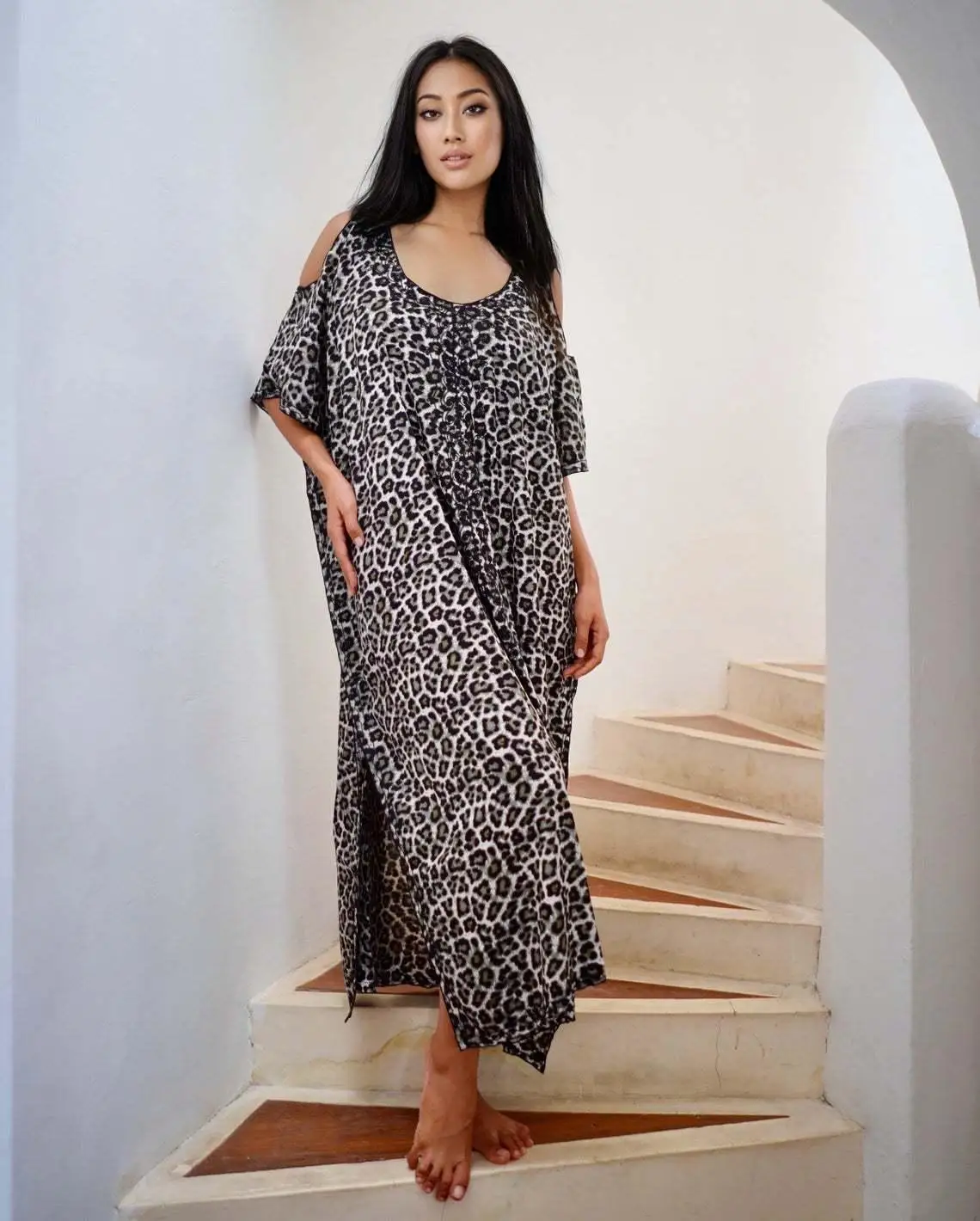 New Women Leopard Bikini Cover Up Long Kaftan Drop Shoulder Maxi Dress Women Summer Beach Wear Swim Suit Cover Ups