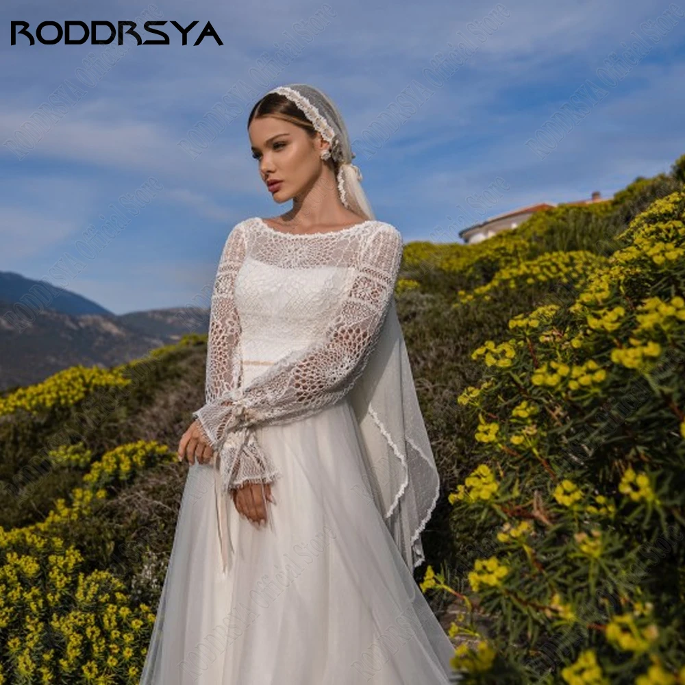 RODRSYA Vestidos de Noiva Clássicos Para Mulher Mangas Longas Scoop VeRODDRSYA Clássicos Vestidos De Casamento Para Mulher Mangas Compridas Scoop Vestidos De Noiva Elegante A Linha Tulle Lace Applique vestidos de novia